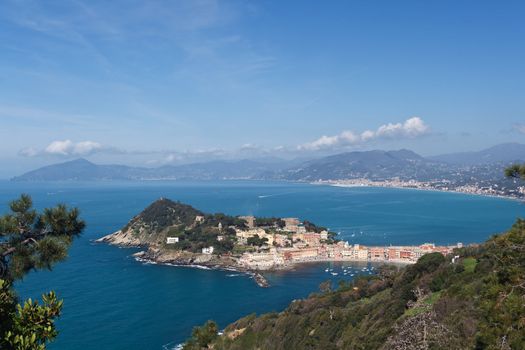 aerial view of Sestri Levante with its characteristic peninsula.