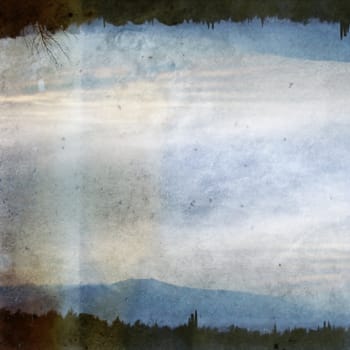 Double printed vintage discolorated photograph of trees, distant city lights and mountain horizon. Abstract illustration.