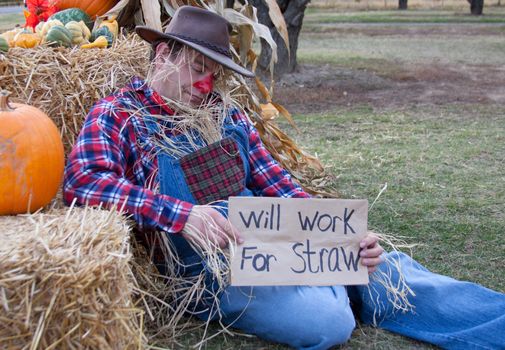 An out of work scarecrow is panhandling and napping.