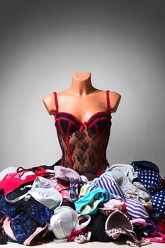 Female mannequin torso in sexy lingerie surrounded by numerous bra