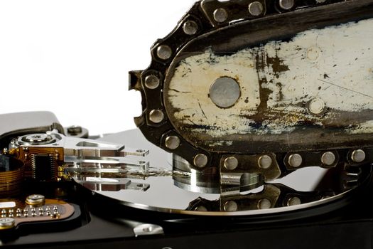 Chain saw over open hard disk drive. symbol for data loss