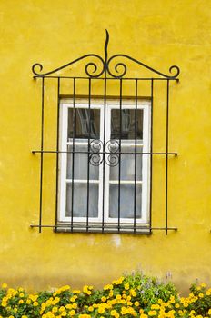 House window with a decorative protective grating. Yellow wall and flowers.