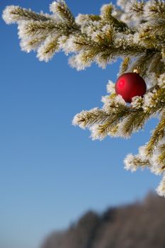 red bauble christmas ball ornament outside in a snowy winter scene