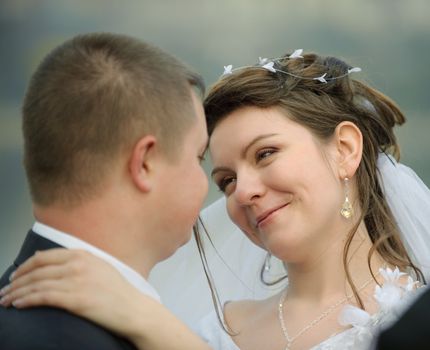 Newly-married couple. Pair young men in wedding day