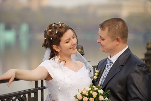 Newly-married couple. Pair young men in wedding day