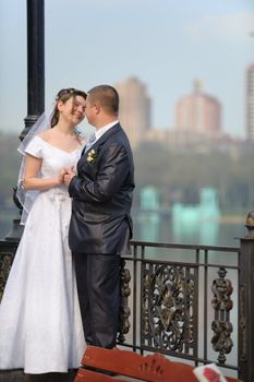 Newly-married couple. Pair young men in wedding day