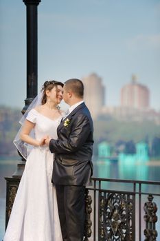 Newly-married couple. Pair young men in wedding day