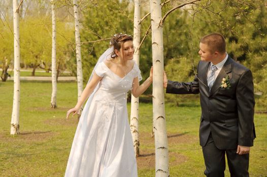 Newly-married couple. Pair young men in wedding day