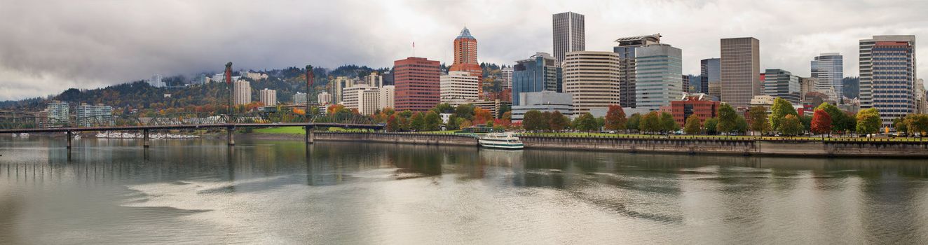 City of Portland Oregon Skyline along Willamette River in the Fall