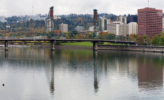 Reflection of Hawthorne Bridge on Willamette River in Portland Oregon