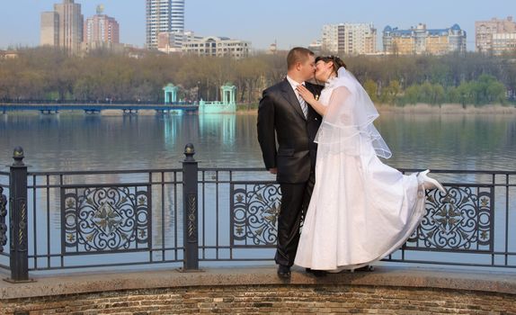 Newly-married couple. Pair young men in wedding day