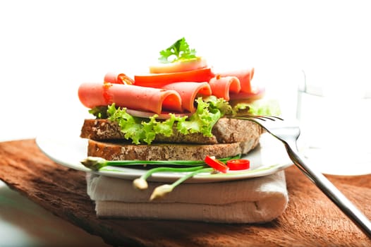 Brown bread with chili sausage slices green salad tomato and egg