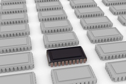 View of a chip. 3D rendering with raytraced textures and HDRI lighting.