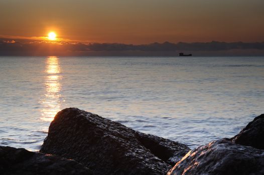 The night sea. The sea photographed at a dawn with long endurance. Crimea, Ukraine