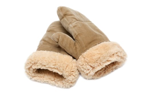 Winter mittens with fur of the sheepskin on white background