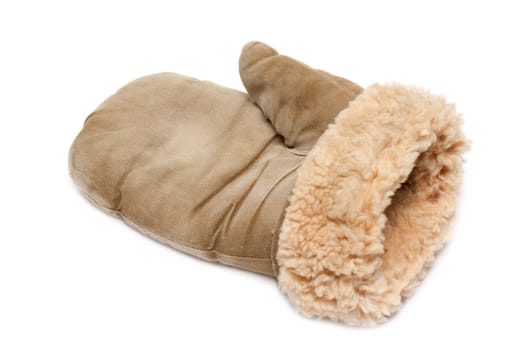 Winter mitten with fur of the sheepskin on white background