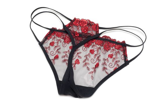 Black feminine panties with red embroidery of the strap