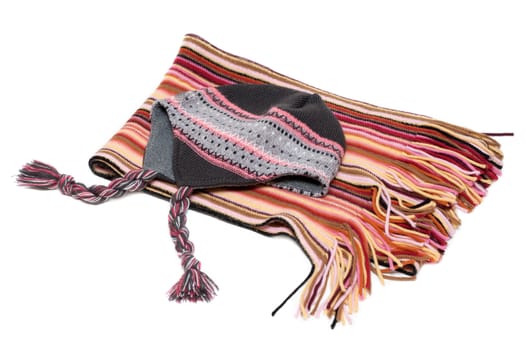 Hat with pigtail and striped colour scarf