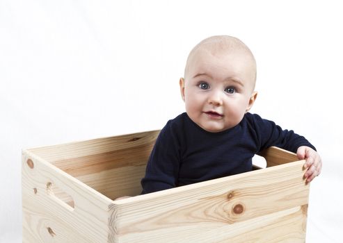 single toddler in wooden box looking to the camera