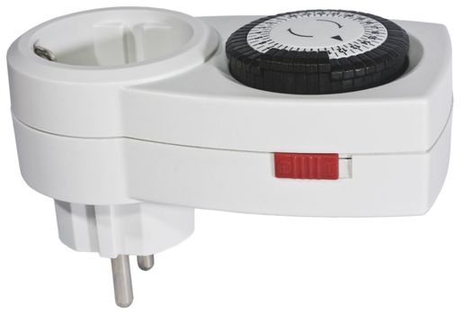 white clock timer with red switch and a black time wheel on white background