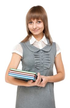 Young girl with book in hand on white background