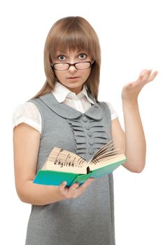 Young girl reads english and is amazed on white background