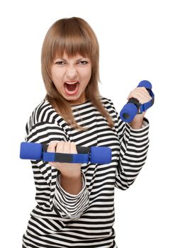 Young girl with dumbbell yells on white background