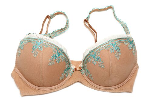 Beige bra with blue embroidery on white background