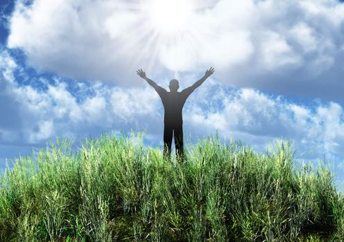 Silhouette of the man on an abstract meadow. On a background of the dark blue sky