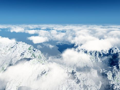 Mountains and clouds.  Overcast, the top view