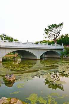 Reflection of a Chinese Stone bridge on pond river,  in public garden