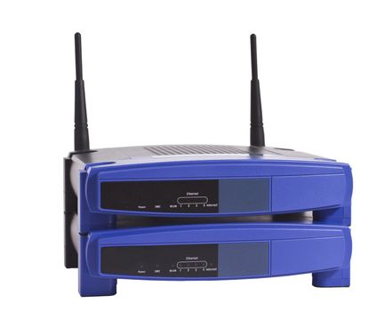 two stacked network routers in white background