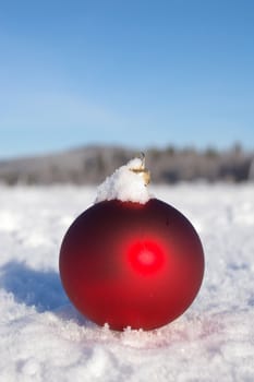 a red bauble in snowy landscape at winter