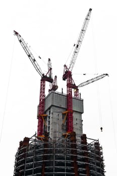 Skyscraper under construction with cranes and iron frame isolated on ehite