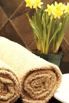 Beautiful modern bathroom with rolled up beige towels and bright yellow daffodil flowers