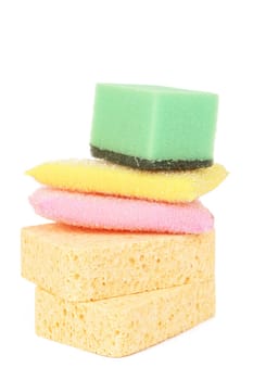 Stack of colorful cleaning sponges isolated on white background