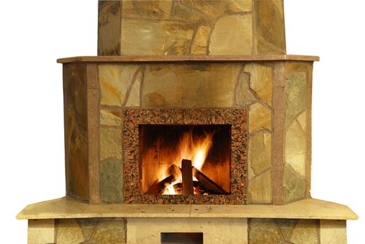 Fireplace. Flaring fire in a fireplace the reveted wild stone and a marble