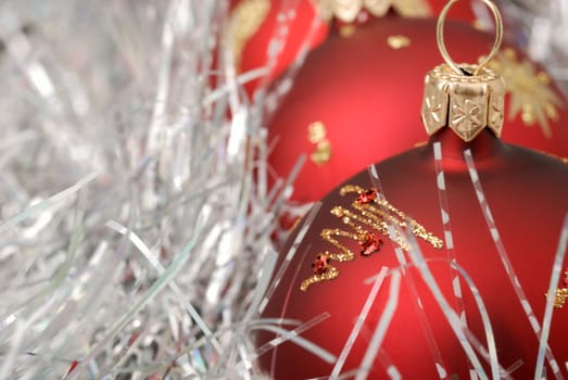Christmas background. New Year's toys and ornaments bright and glow 
