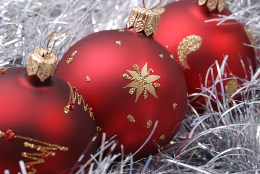 Christmas background. New Year's toys and ornaments bright and glow 