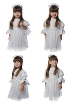 The girl in a white dress. It is isolated on a white background. Age 3 years