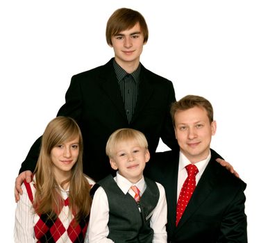 Father and three children on white background