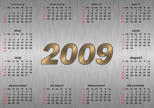 Calendar 2009. Metal background, gold element. The style text, an illustration