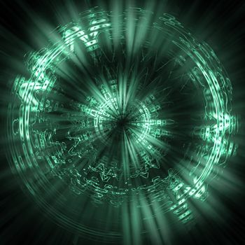 Futuristic background green. Elements of particles, lines, abstract figures and the dim lines of light