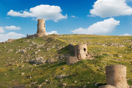 Fortress. Ruins of defensive works on mountain of the Crimean peninsula