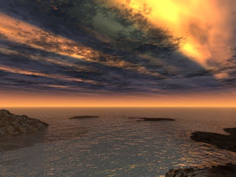 Fantastic clouds above ocean. Storm weather on ocean at coast of island