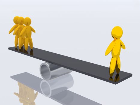 Balance. One person is equal to three. Three-dimensional models on a swing