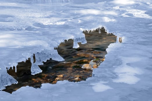The winter river. An ice-hole in the frozen river with a rough stream