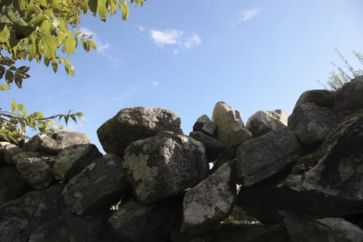 an old ancient irish stone wall with a sky background