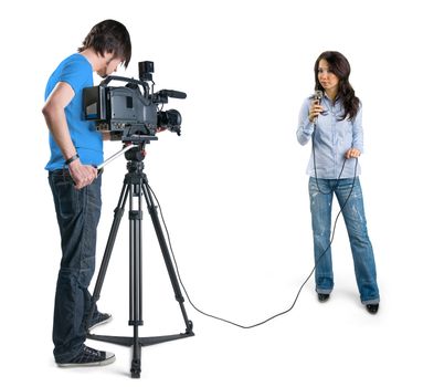 TV reporter presenting the news in studio, isolated on white background