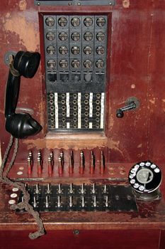 An old hand operated wooden telephone exchange